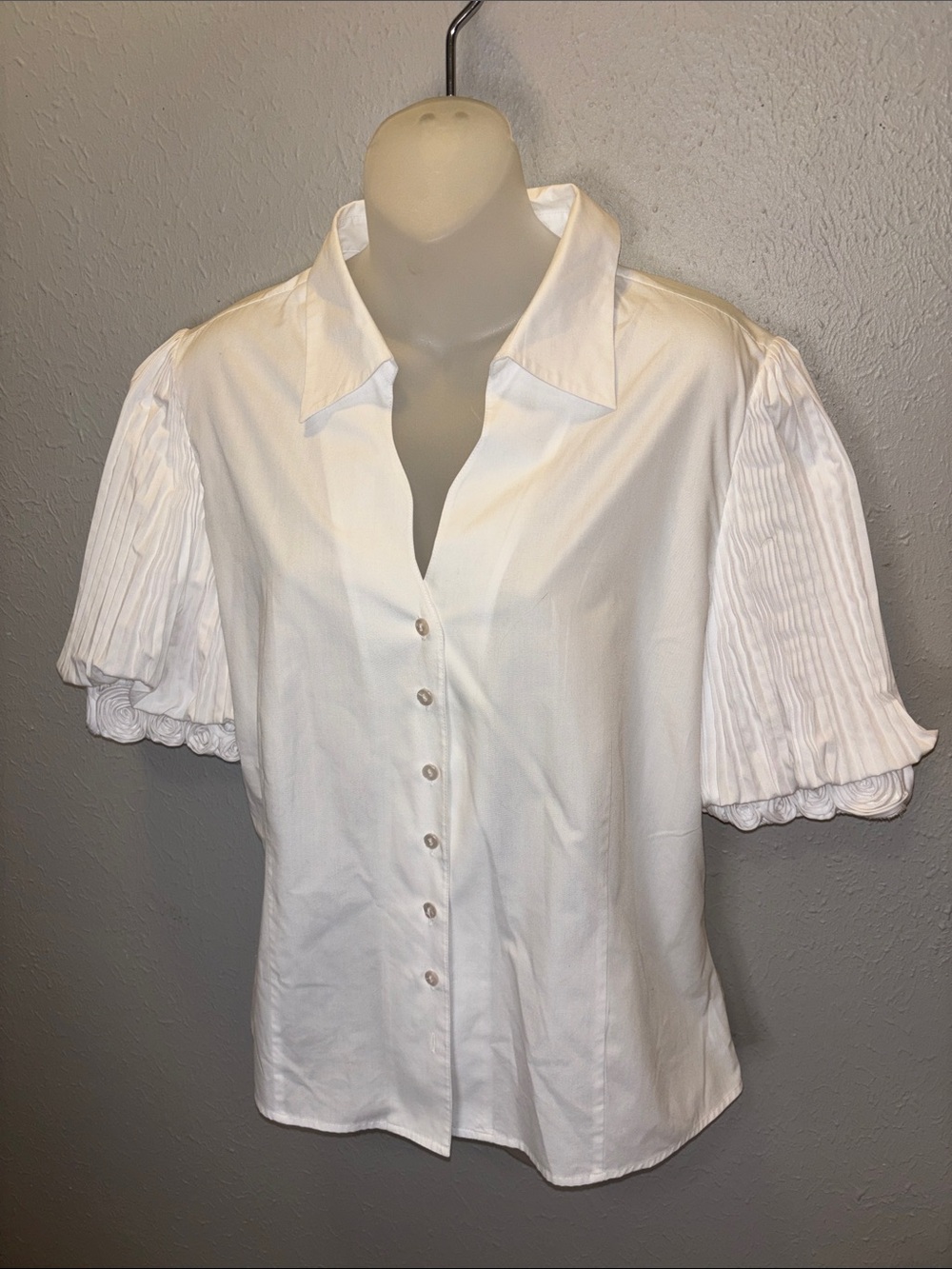 Dress Barn White Cottagecore Boho Blouse Top Pleated Flower Sleeve Women’s Sz XL
